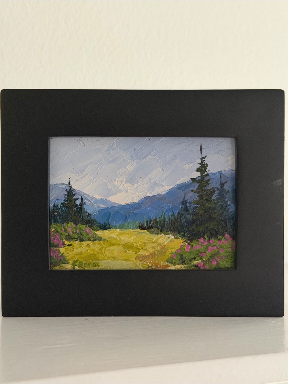 Miniature original landscape and mountain oil painting in black wooden frame